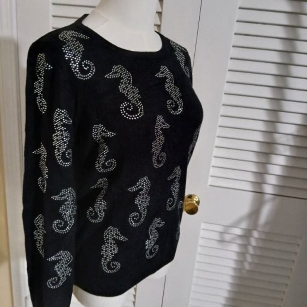 LIV Milano Small Black Long-Sleeved Metallic Seahorse Embellishment Sweater